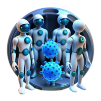 dramatic traditional A group of nanobots repairing damaged tissue inside a human body, glowing with a bioluminescent blue light. Medical illustration, microscopic style high quality png