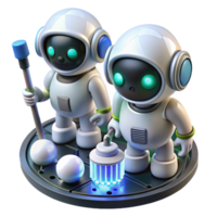 serene artistic A group of miniature cleaning robots, spherical and white, scrubbing a circuit board with tiny brushes, under bright, focused LED lights. Photorealistic style high quality png
