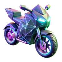 dramatic vintage A futuristic motorcycle, with glowing neon accents and sharp angles, speeds through a digital landscape of fractured polygons. Cyberpunk style genuine png