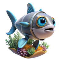 extraordinary modern A robot fish swimming in a coral reef, lit by underwater sunlight in an ocean documentary style 4K png