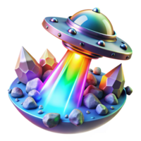 serene classic A crystal-powered spaceship, emitting a rainbow of light, soaring through a field of asteroids, illuminated by the cold, blue light of a distant nebula, in a psychedelic style detailed png