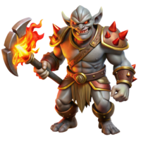 impressive rustic A fierce orc warrior wielding a flaming battleaxe, with intricate tribal tattoos and glowing red eyes, dynamic pose, dramatic lighting. Digital painting style professional png