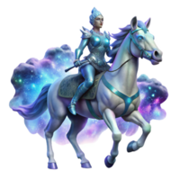 extraordinary minimalist A spectral Valkyrie, clad in shimmering armor, riding a translucent, eight-legged horse through a swirling nebula of stardust. Digital painting style professional png