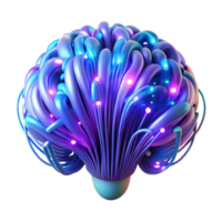 serene abstract A network of glowing fiber optic cables forming the shape of a human brain, cool blue and purple lighting, abstract art style high quality png