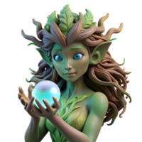 serene minimalist A delicate dryad with bark-like skin and flowing moss hair, cradling a glowing crystal orb, surrounded by bioluminescent fungi. Soft lighting, ethereal style high quality png