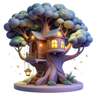 extraordinary traditional A magical treehouse nestled in the branches of a giant tree, glowing lights, fantasy art original png