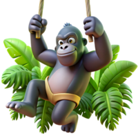 wonderful traditional A playful gorilla swinging through the jungle, lit by dappled sunlight, dynamic and energetic style high quality png