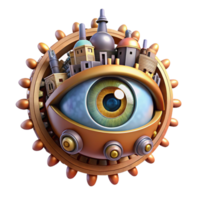magnificent artistic A giant, floating eye watches over a city made of interconnected gears and cogs. Steampunk style, warm, artificial lighting 4K png