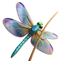 beautiful classic Close-up of a dragonfly perched on a reed, iridescent wings, detailed, nature photography, high quality png