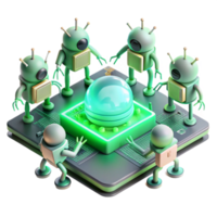 extraordinary modern A group of nanobots repairing a damaged circuit board, glowing with a soft green light, lit by a focused, microscopic light. Nanotech style original png