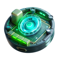 serene classic A close-up of a futuristic HUD interface displaying complex data streams and holographic projections, lit by the flickering green light of the screen. Cyberpunk style original png