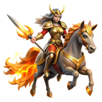 impressive abstract A fierce warrior queen with golden armor and a flaming sword, riding a majestic unicorn, across a battlefield of fire and shadow. Heroic fantasy style, dynamic lighting genuine png