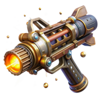 serene minimalist A futuristic weapon, with intricate engravings and glowing energy cells, levitates in the air, surrounded by swirling particles of light. Steampunk style high quality png