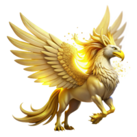 serene rustic A majestic griffin, with feathers of gold and wings of pure light, soaring through a starlit sky, illuminated by the celestial glow. Mythological painting style genuine png