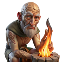 stunning rustic Portrait of a wizened old man with intricate tribal tattoos covering his face, lit by the warm glow of a campfire, rendered in a hyperrealistic digital painting style detailed png