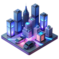 serene rustic A futuristic cityscape at night, flying cars zipping between skyscrapers, neon signs illuminating the scene, cyberpunk style, isometric view authentic png
