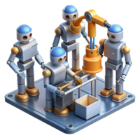 beautiful minimalist A group of robots collaborating on a complex engineering project, industrial setting, realistic lighting high resolution png