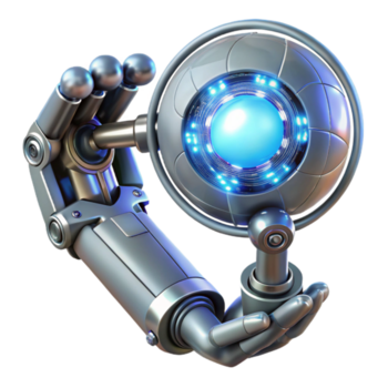 magnífico criativo uma cromada robótico braço segurando uma brilhando esfera do dados, intrincado fiação visível, estúdio iluminação, cyberpunk estilo exclusivo png