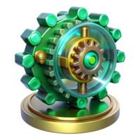 serene vintage An intricate clockwork mechanism generating artificial intelligence, with gears and cogs glowing with emerald green light, in a steampunk style high resolution png