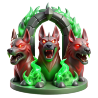 elegant artistic A three-headed Cerberus, each head a different shade of fiery red, guarding a gate of polished obsidian, illuminated by ethereal green flames. Dark fantasy style original png