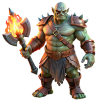 dramático tradicional uma temível orc chefe com intrincado tribal tatuagens, empunhando uma brilhando obsidiana Machado, aceso de tremeluzente luz de tocha. Sombrio fantasia estilo, realista Renderização exclusivo png