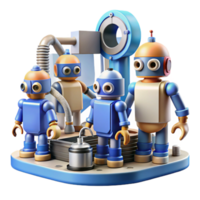 extraordinary modern A group of robots, with diverse designs and functions, work together in a futuristic factory. Industrial lighting detailed png