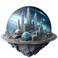 serene creative A futuristic city built on a giant space station, orbiting a distant planet, panoramic and breathtaking lighting, matte painting original png