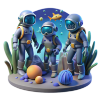 beautiful modern A group of space explorers in futuristic diving suits explores the depths of an alien ocean. Underwater lighting, exploratory style high quality png