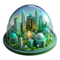 impressive modern A futuristic city built within a giant biodome, lush vegetation and glowing structures, soft green lighting, eco-futurism style 4K png