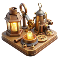 extraordinary rustic A collection of steampunk tools laid out on a workbench, bathed in the warm glow of a workshop lamp. Realistic, detailed lighting. Steampunk concept art 4K png