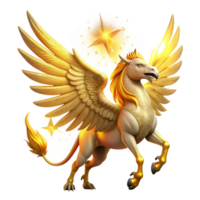 stunning classic A majestic griffin, with feathers of gold and wings of pure light, soaring through a starlit sky, illuminated by the celestial glow. Mythological painting style genuine png