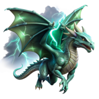 vibrant creative A colossal dragon with emerald scales, soaring through a storm-ridden sky, illuminated by flashes of lightning. Dynamic, fantasy art style exclusive png