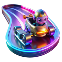 wonderful modern A robot racing car speeding around a futuristic track, lit by colorful neon lights and speed trails in a racing game style genuine png