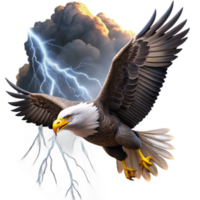 vibrant abstract A majestic bald eagle soaring through a stormy sky, lit by dramatic lightning, in a dynamic, realistic style premium png