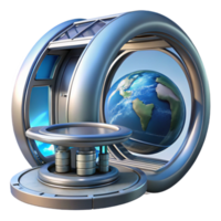 elegant modern Futuristic space station, sleek metallic design, rotating sections, view of Earth from a large window authentic png