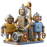 stunning contemporary A group of robots, each with unique designs and functions, works together to assemble a complex machine. Industrial lighting, steampunk style premium png