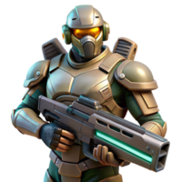 elegant contemporary A futuristic soldier in power armor, holding a plasma rifle, ready for battle, gritty and realistic lighting, concept art premium png