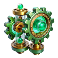 vibrant classic An intricate clockwork mechanism generating artificial intelligence, with gears and cogs glowing with emerald green light, in a steampunk style premium png