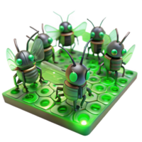 impressive rustic A group of miniature, insect-like robots swarming over a circuit board, lit by the green glow of LEDs, in a macro photography style original png