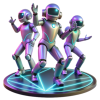elegant classic A group of robotic dancers, moving in perfect synchronization, on a stage with dynamic, shifting light patterns. Synthwave style exclusive png