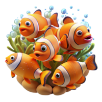 beautiful modern A school of vibrant clownfish darting through a coral reef teeming with life, dappled sunlight filtering through the water, Pixar style high resolution png
