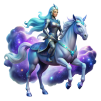dramatic creative A spectral Valkyrie, clad in shimmering armor, riding a translucent, eight-legged horse through a swirling nebula of stardust. Digital painting style professional png