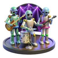beautiful contemporary A group of robotic musicians, each playing a different instrument, performing on a stage with colorful spotlights. Pop art style high quality png