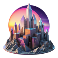 elegant classic A futuristic city, constructed of towering crystalline structures, reflects a vibrant sunset in a shattered, mirrored sky. Synthwave style genuine png