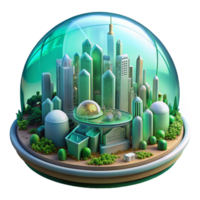 elegant contemporary A futuristic city built within a giant biodome, lush vegetation and glowing structures, soft green lighting, eco-futurism style high resolution png