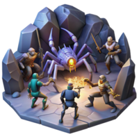 elegant creative A group of valiant warriors battling a giant spider in a dark cave, dynamic lighting, fantasy art genuine png