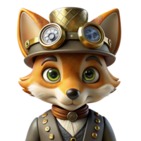 impressive classic A close-up portrait of a steampunk fox wearing goggles and a tiny top hat, intricate clockwork mechanisms visible on its face. Soft, Rembrandt lighting. Steampunk style premium png