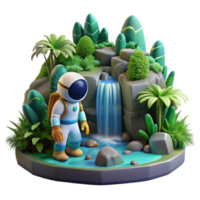 beautiful minimalist A space explorer discovering a hidden waterfall on a jungle planet. Lush, vibrant, natural lighting genuine png