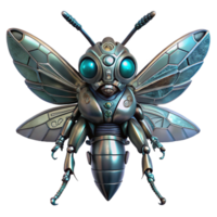 dramatic vintage A robotic insect with metallic wings and glowing eyes, intricate details and realistic textures, dark background with green accents, biopunk style original png