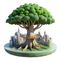 impressive minimalist Giant tree with a city built into its branches, intricate walkways and platforms, lush foliage, sunlight filtering through leaves premium png